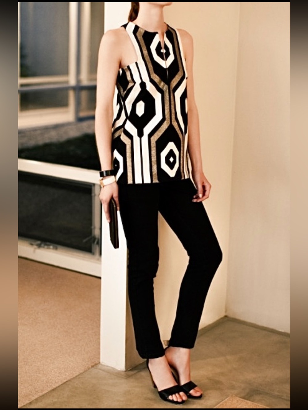 Emerson Fry A-Line Mod Sleeveless Blouse In Black, Gold Geometric Womens Sz Xs